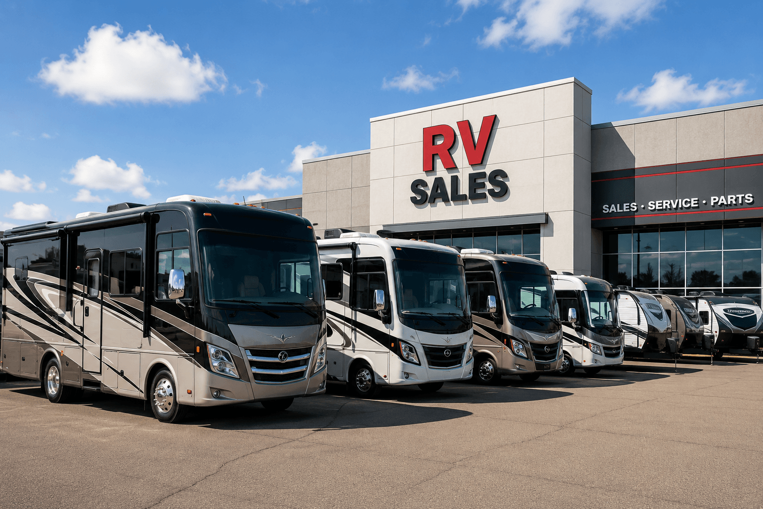 RV dealership with motorhomes displayed for sale