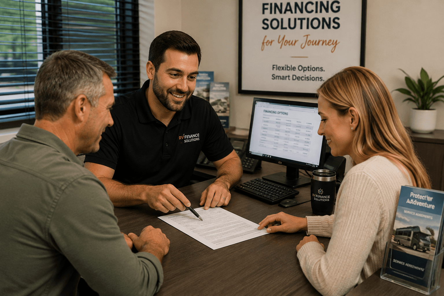 RV finance office reviewing financing options with buyers