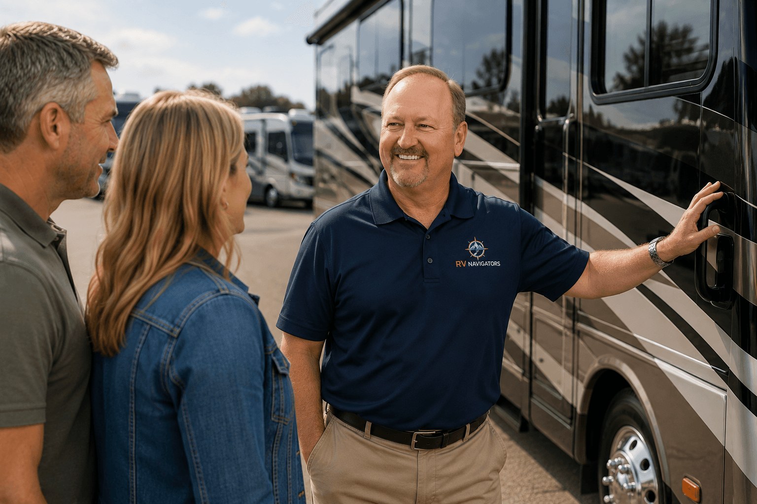 Doug Schwebach helping RV buyers evaluate a motorhome