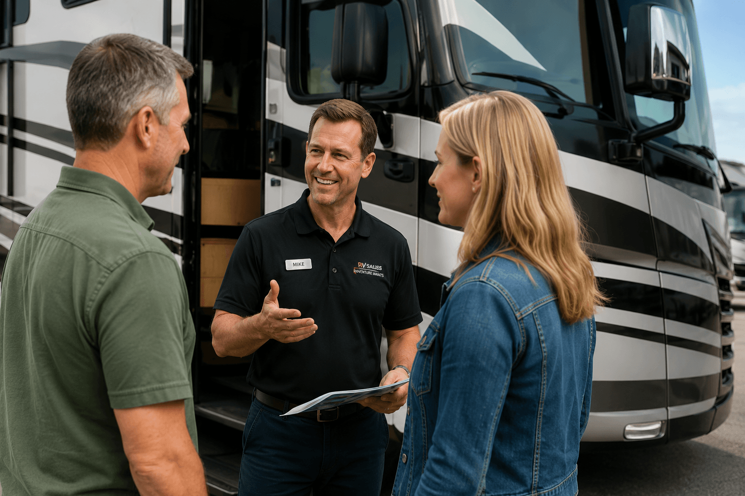 RV salesperson speaking with prospective buyers