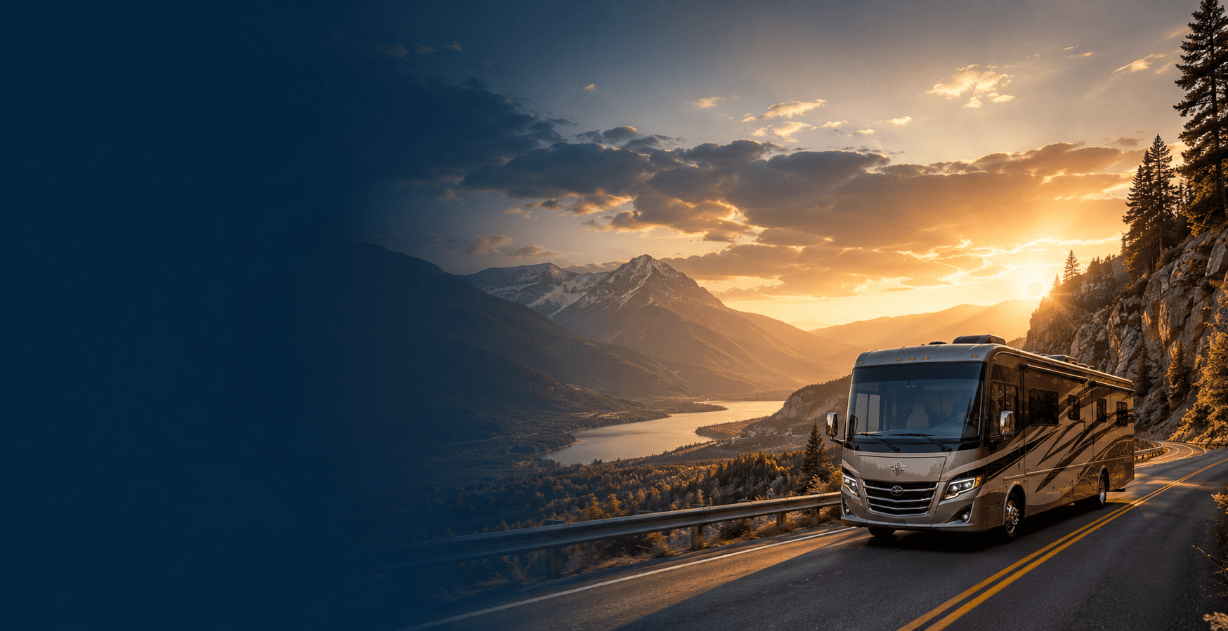 Luxury RV traveling through a scenic mountain landscape
